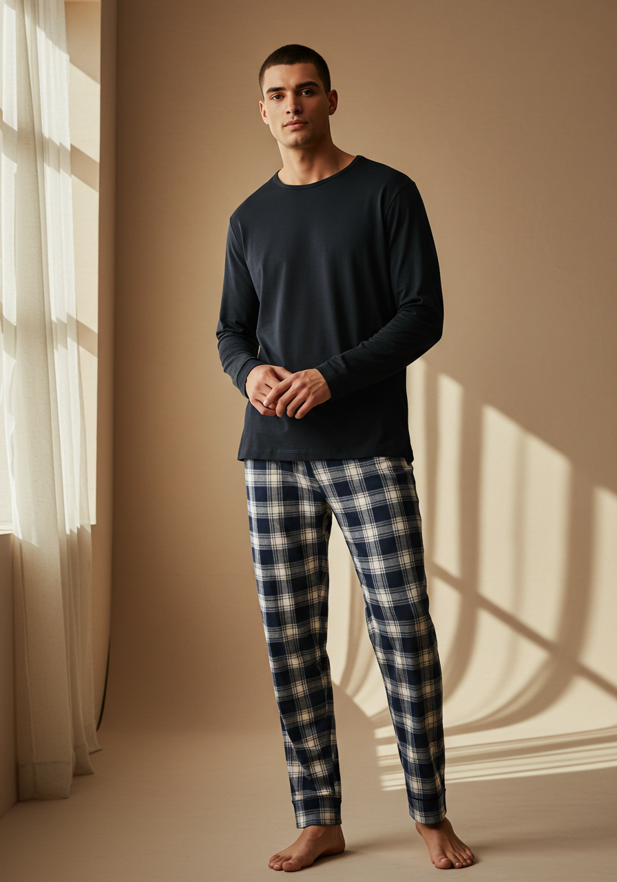 Conjunto Pijama Longo Masculino Adulto | Xadrez Azul