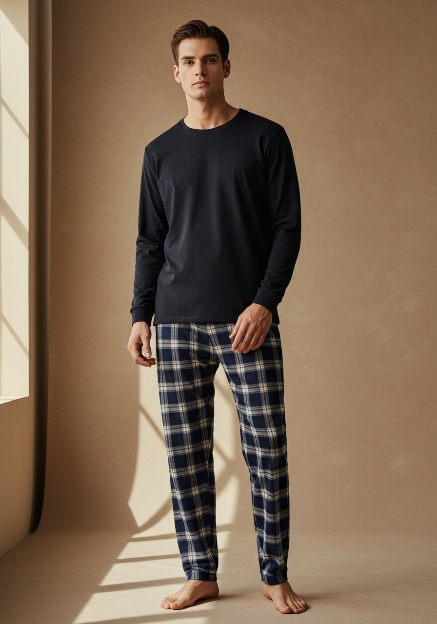 Conjunto Pijama Longo Masculino Adulto | Xadrez Azul