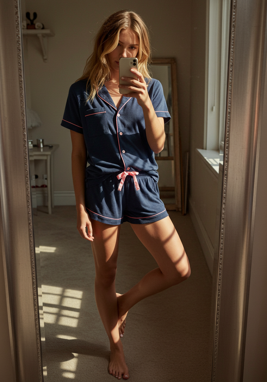 Conjunto Pijama Americano Curto Feminino Adulto | Azul-marinho
