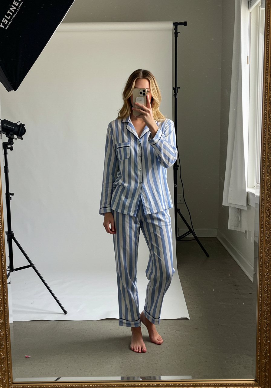 Conjunto Pijama Americano Longo Feminino Adulto | Listrado azul e branco