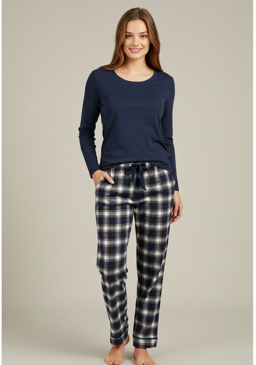 Conjunto Pijama Longo Feminino Adulto | Xadrez Azul