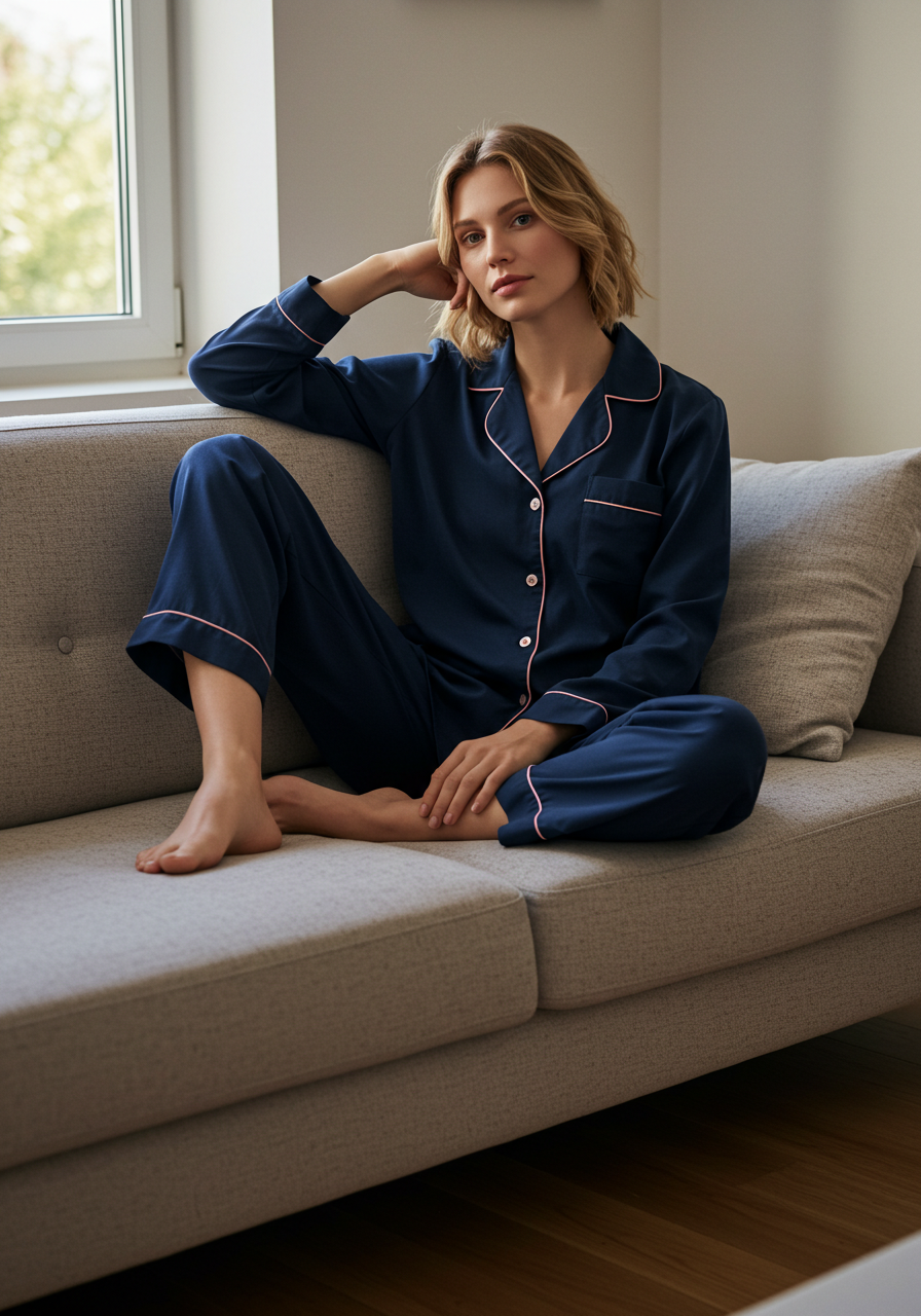 Conjunto Pijama Americano Longo Feminino Adulto | Azul-marinho