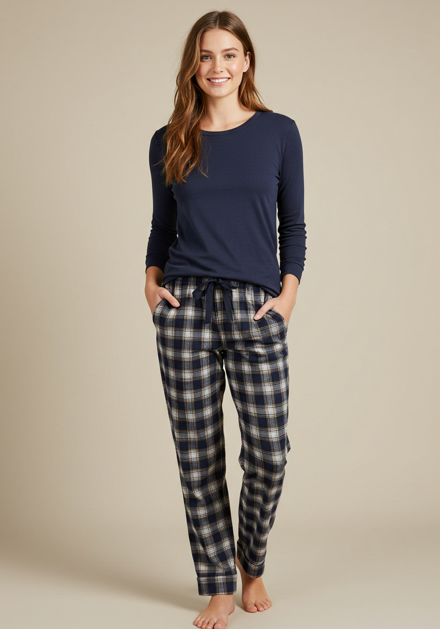 Conjunto Pijama Longo Feminino Adulto | Xadrez Azul