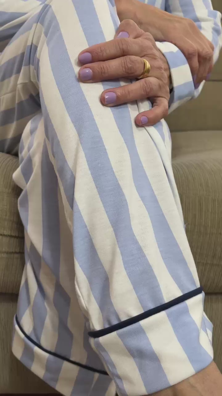 Conjunto Pijama Americano Longo Feminino Adulto | Listrado azul e branco